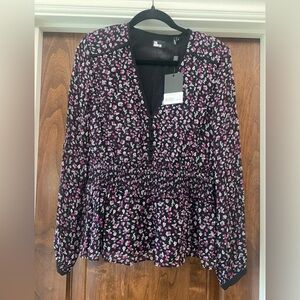 The Kooples Floral Blouse in Black w Pink flowers. French Sz 3 NWT MSRP $275